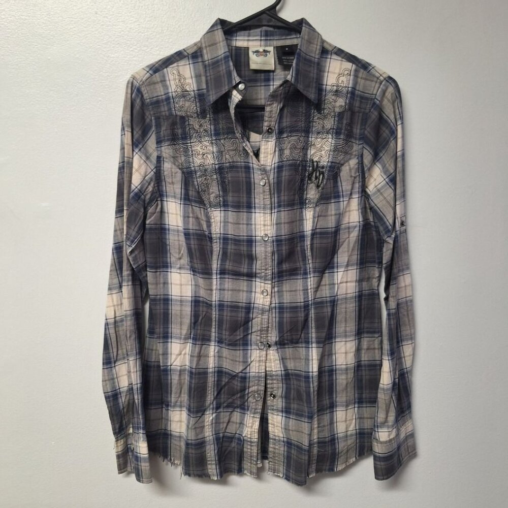 Harley Davidson Plaid Snap Up Down Fringe Embroidered Mens Small Motorcycle Club
